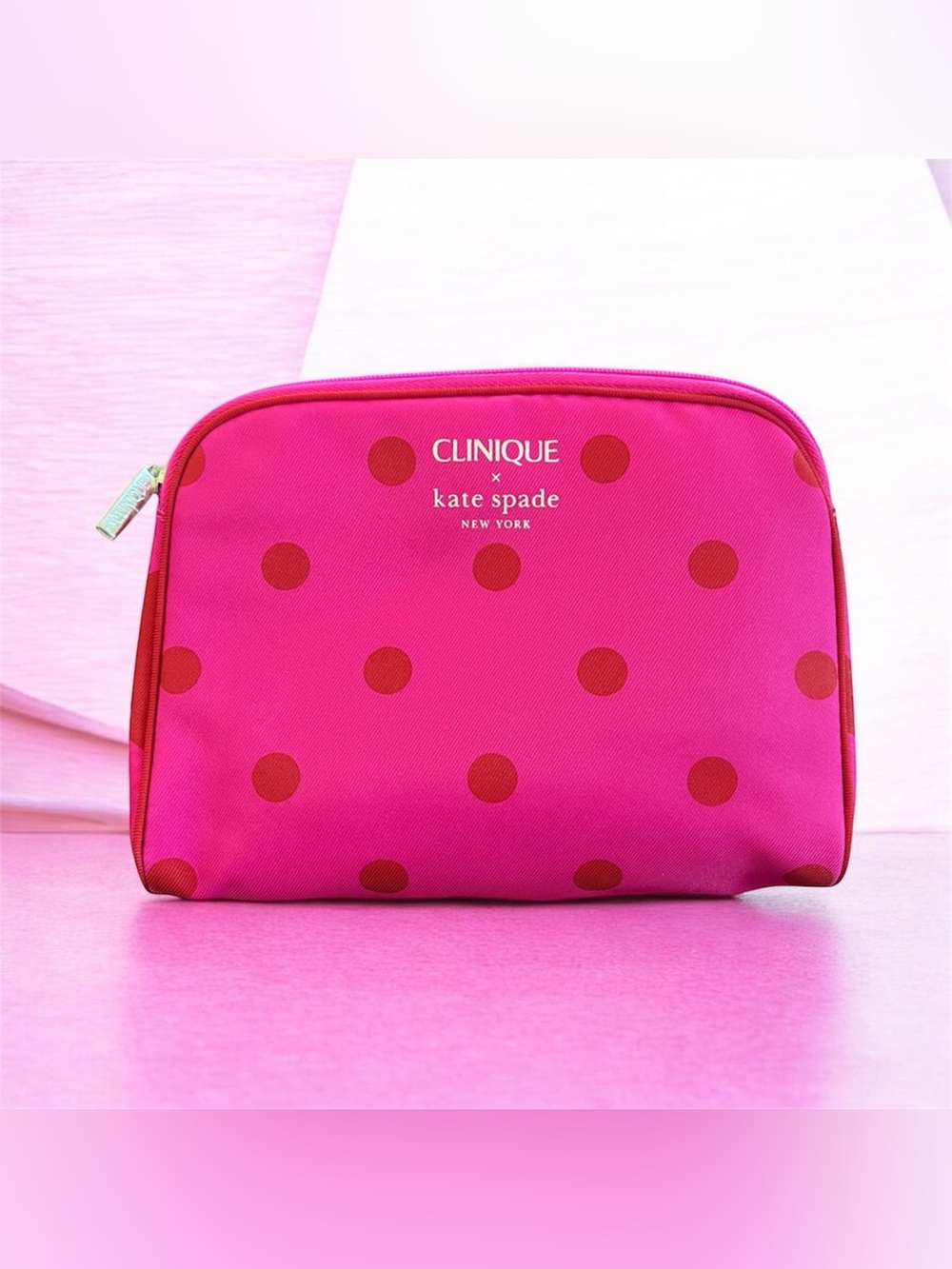 Kate Spade X Clinique Limited Edition Pink Polka Dot Cosmetic Travel Bag, NEW